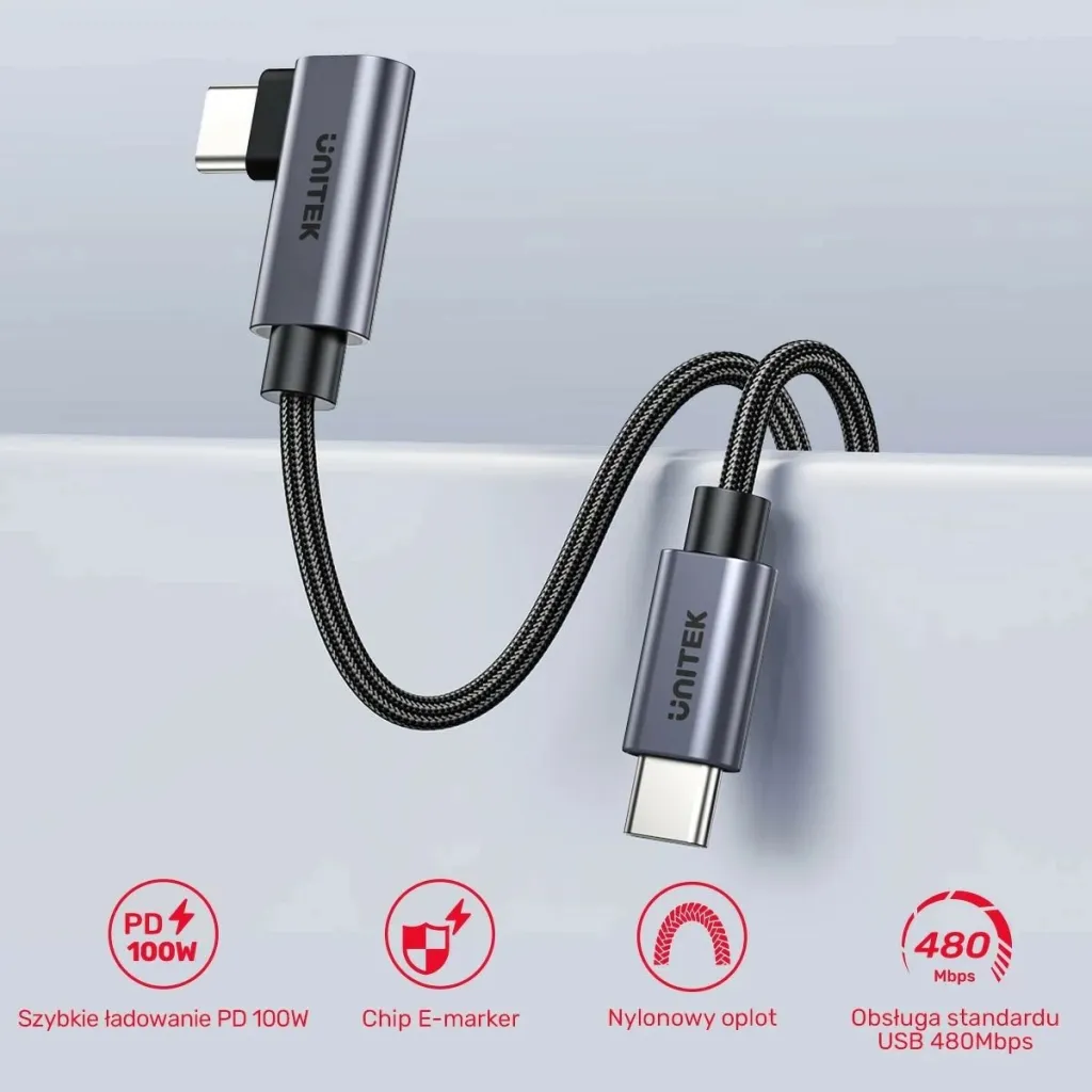 Kabëll USB-C Unitek 90° PD100W 5m, gri - 6