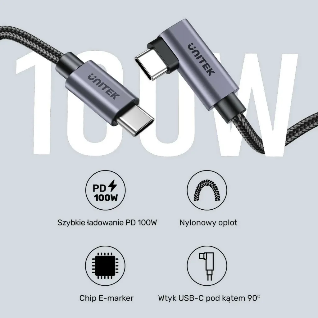 Kabëll USB-C Unitek 90° PD100W 5m, gri - 7