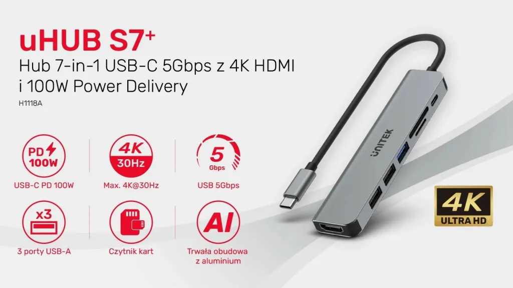 Qendër USB-C Unitek H1118A, USB-A x3, USB-C, HDMI, SD, microSD, e hirtë - 2