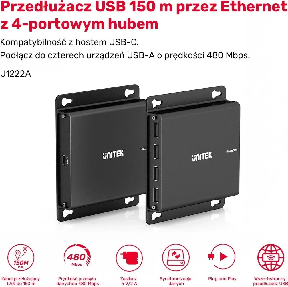 USB-C extender Unitek, 4x USB-A, Ethernet, 150m, 480Mbps - 6