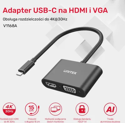 Adapter USB C Unitek V1168A, HDMI 4K, VGA Full HD, gri - 3