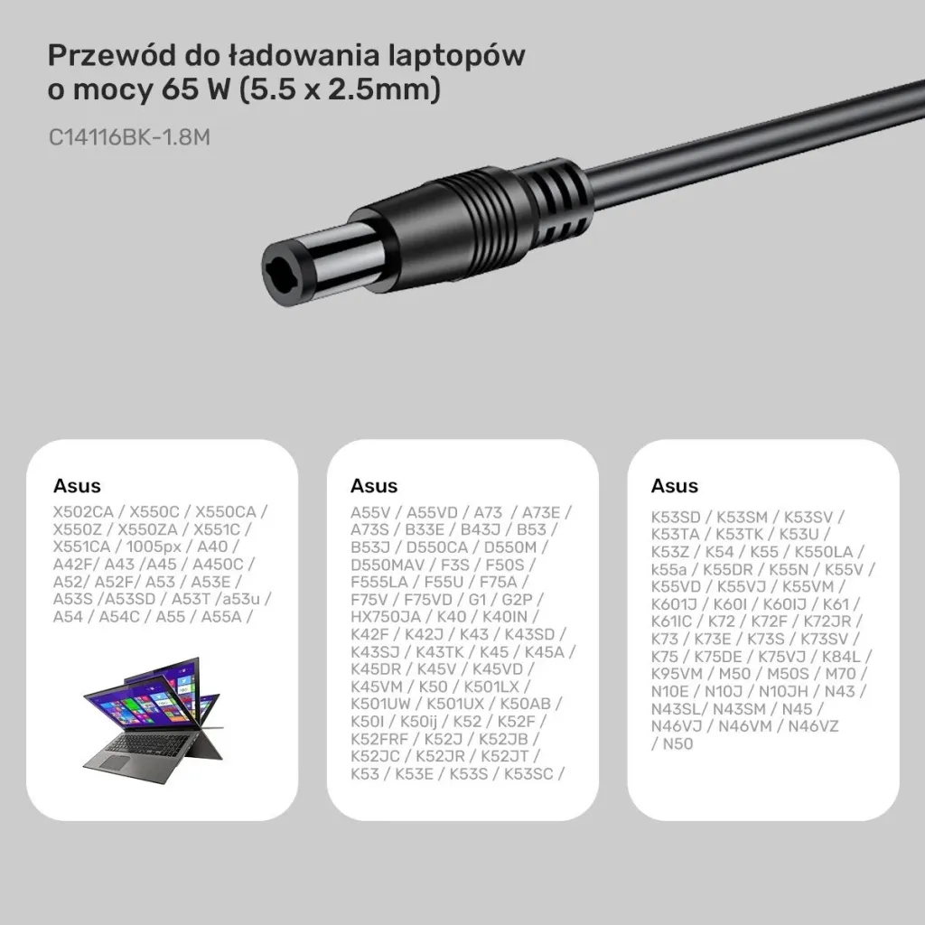 Kabulli për ngarkim të laptopit Unitek, 65W USB-C - DC5,5mm, i zi - 2