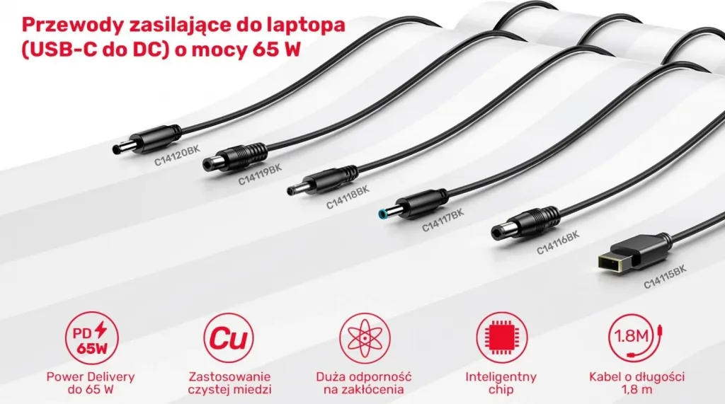 Kabulli për ngarkim të laptopit Unitek, 65W USB-C - DC5,5mm, i zi - 12