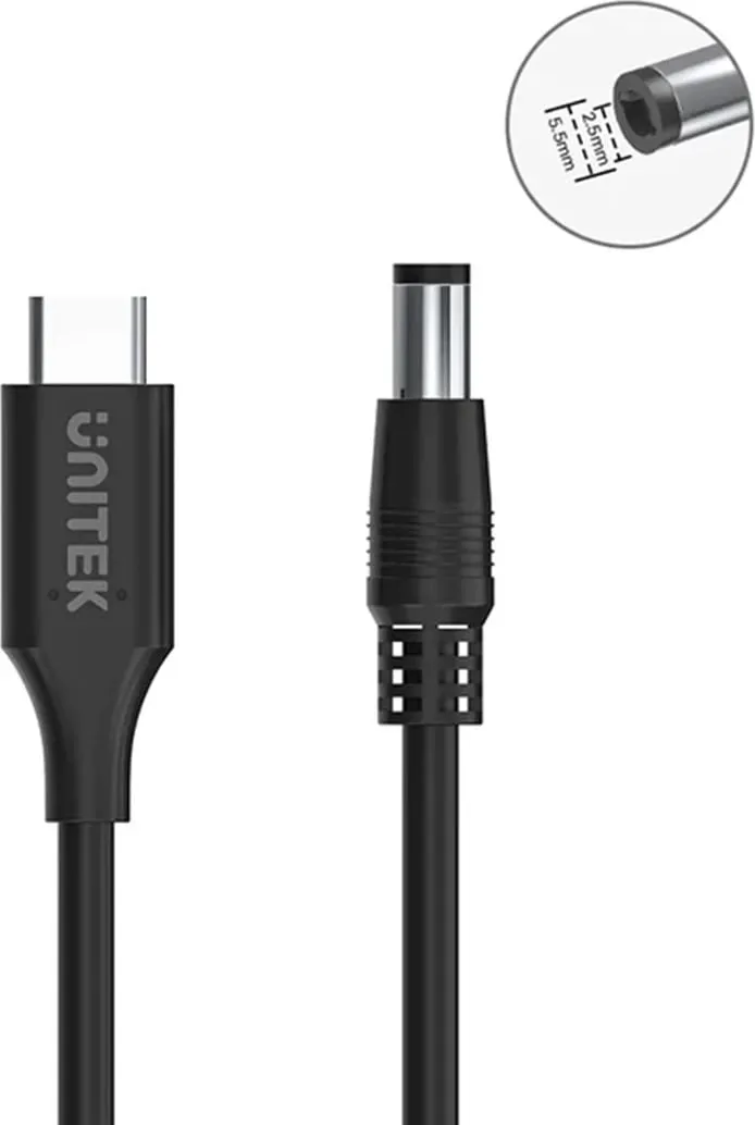 Kabulli për ngarkim të laptopit Unitek, 65W USB-C - DC5,5mm, i zi - 5