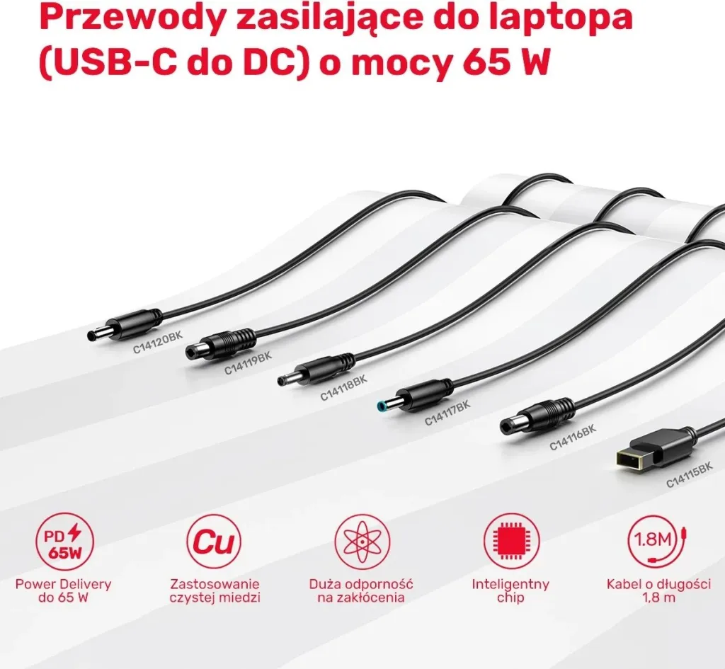 Kabulli për ngarkim të laptopit Unitek, 65W USB-C - DC5,5mm, i zi - 6