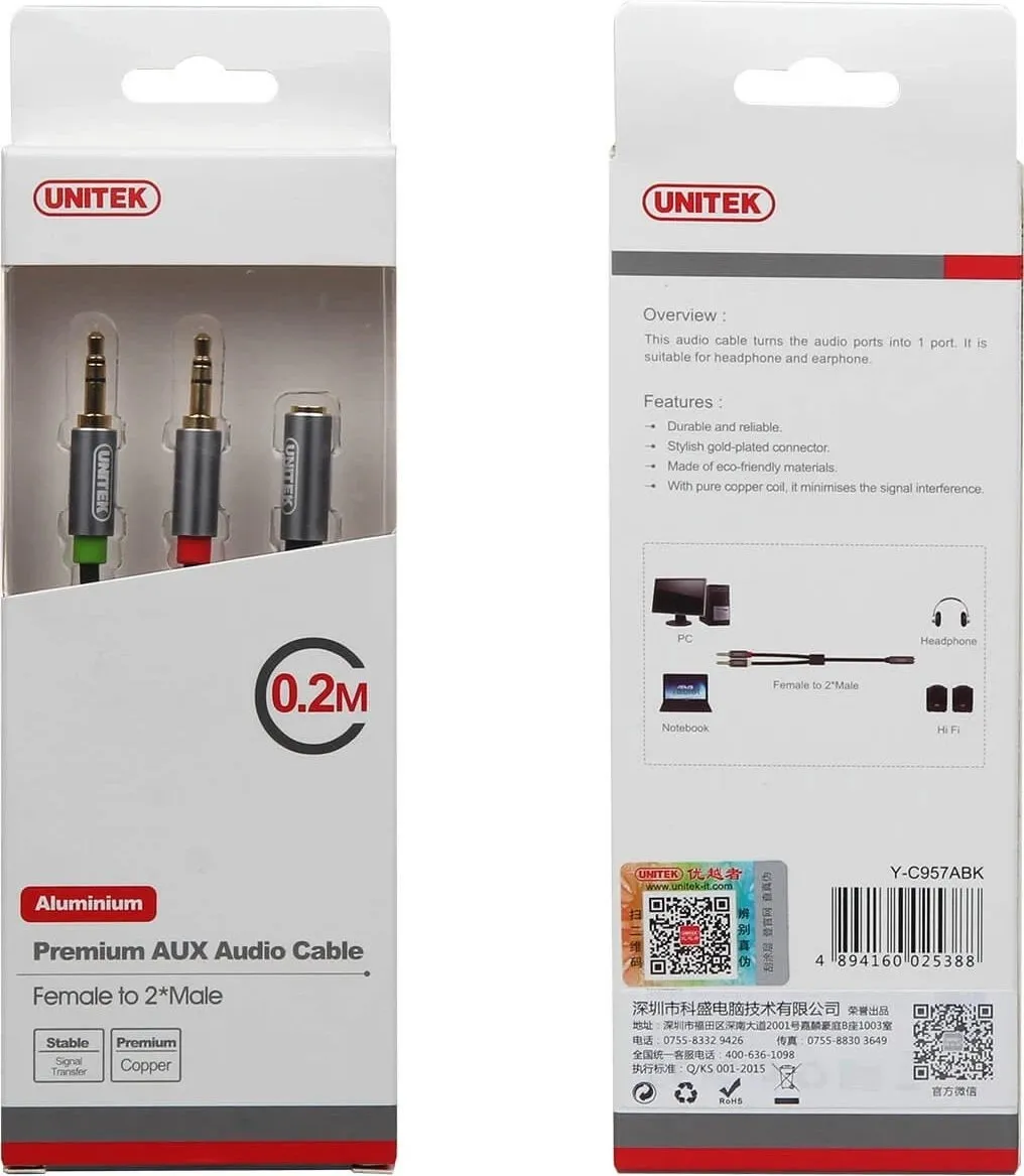 Kabllo Unitek- Jack 3.5mm x2 (Y-C957ABK),0.2m,e zezë - 7