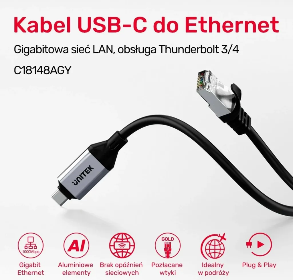 Kabllo Ethernet Unitek USB-C RJ-45 LAN, 3m, ngjyrë zezë-argjendtë - 1