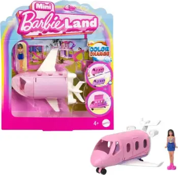 Set lodër Barbie Mini BarbieLand Doll and Vehicle, kukull 3.8 cm, avion Dreamplane me ndryshim ngjyre, shumëngjyrësh