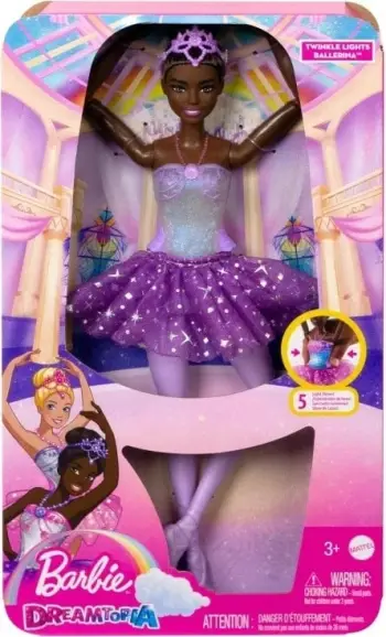 Kukull Barbie Mattel Ballerina Magical Lights HLC26, drita shumëngjyrëshe, flokë kafenj, fustan lejla