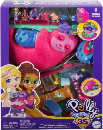 Set loje Polly Pocket Sloth Family 2 in 1 Purse, lojë xhungle, për fëmijë 4+