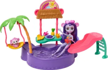 Set lodrash Mattel Enchantimals Tropical Pool, pishinë tropikale, kukull majmun, shumengjyrëshe