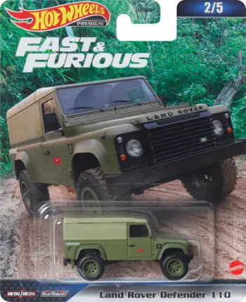 Lodër makinë Hot Wheels Fast and Furious Land Rover Defender 110, metal, në shkallë të vogël, shumëngjyrëshe