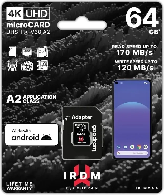 Kartë memorie GOODRAM micro SDXC, V30 A2, + përshtatës, 64GB - 2