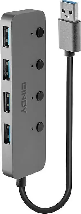 USB HUB Lindy USB 3.0, 4 porta, me çelësa On Off, gri