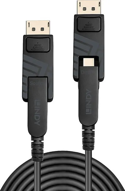 Kabllo DisplayPort Lindy Fiber Optic Hybrid, DP 1.4, 20m, e zezë - 1