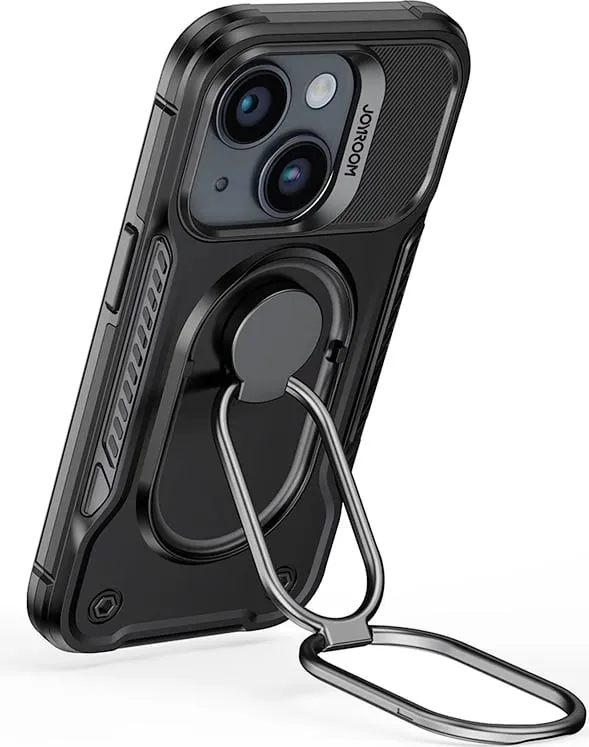 Mbështjellës Joyroom Dual Hinge për iPhone 14 Plus, me këmbalec dhe ring holder, Zi - 2