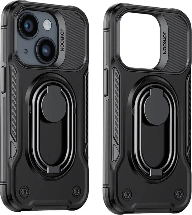 Mbështjellës Joyroom Dual Hinge për iPhone 14 Plus, me këmbalec dhe ring holder, Zi - 4