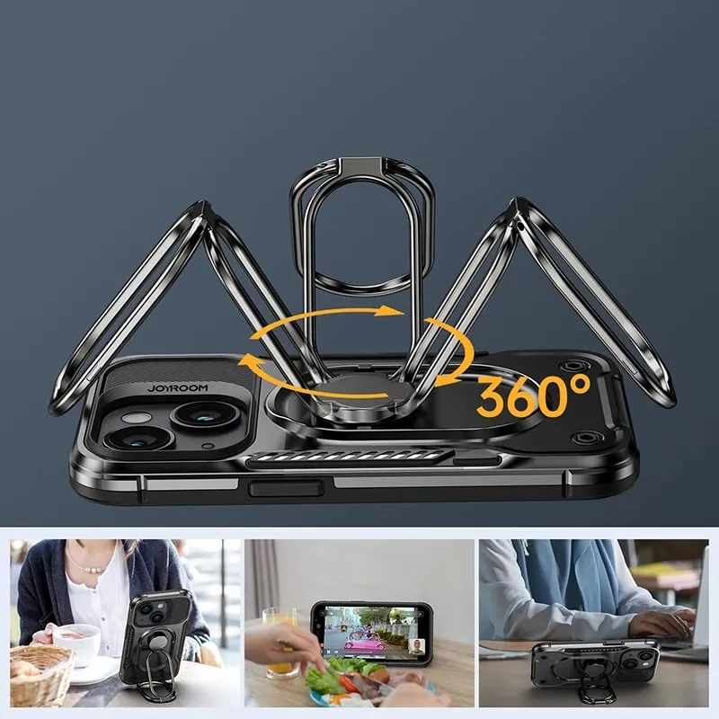 Mbështjellës Joyroom Dual Hinge për iPhone 14 Plus, me këmbalec dhe ring holder, Zi - 8