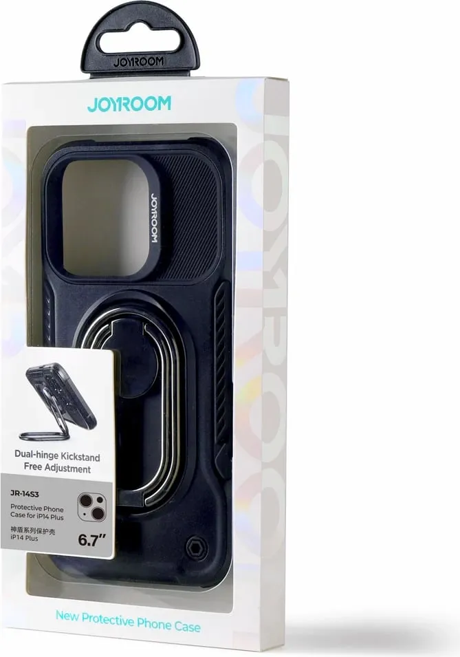 Mbështjellës Joyroom Dual Hinge për iPhone 14 Plus, me këmbalec dhe ring holder, Zi - 10