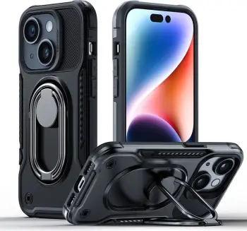 Mbështjellës Joyroom Dual Hinge për iPhone 14, me mbajtëse dhe ring holder, zi