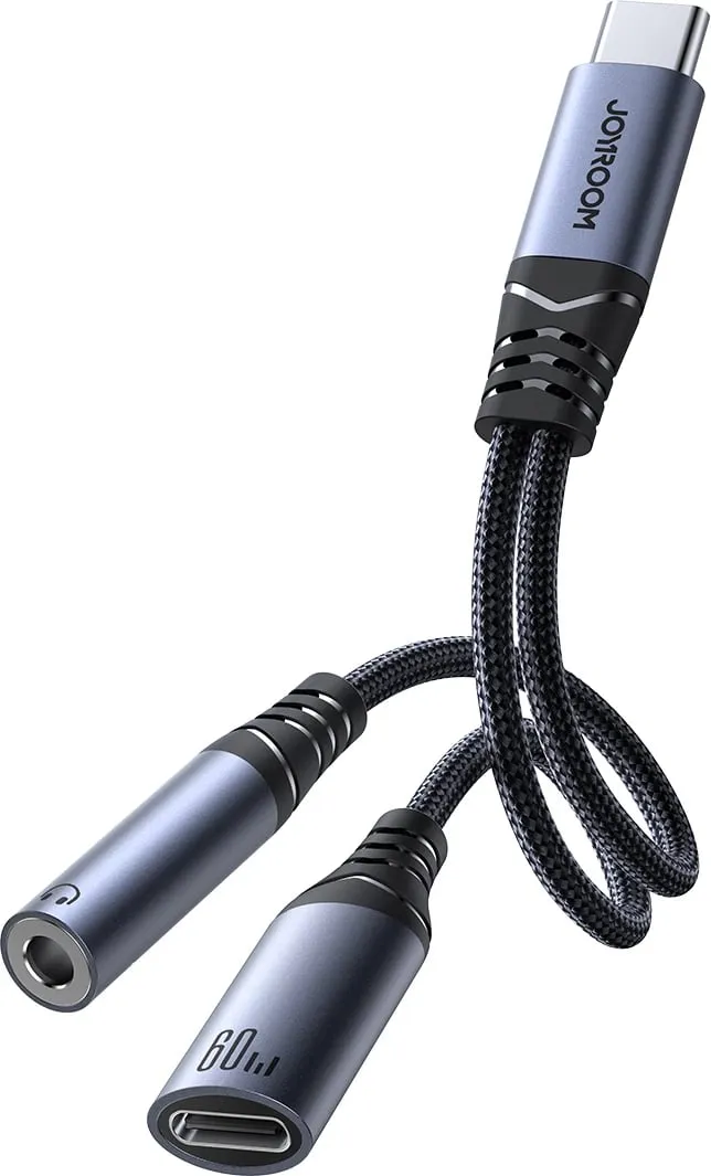 Adapter 2-në-1 Joyroom SY-C02, USB-C në USB-C/3.5mm mini jack, i zi - 1