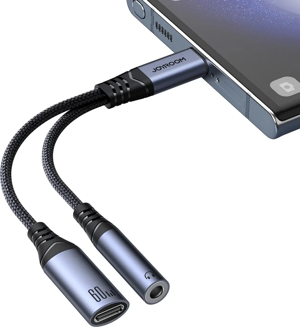 Adapter 2-në-1 Joyroom SY-C02, USB-C në USB-C/3.5mm mini jack, i zi - 2