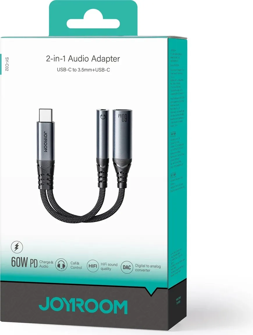 Adapter 2-në-1 Joyroom SY-C02, USB-C në USB-C/3.5mm mini jack, i zi - 5