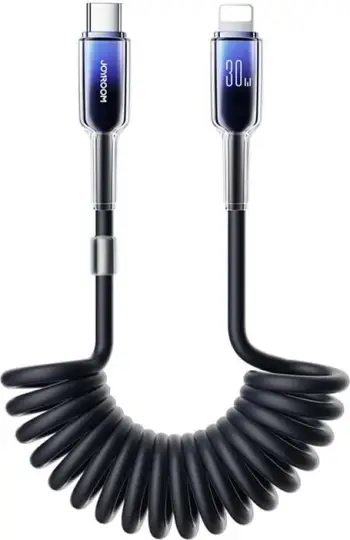 Kabllo spiral Joyroom S-A43 Crystal-Clear Series, 1.5m, USB-C në Lightning, 30W, e zezë