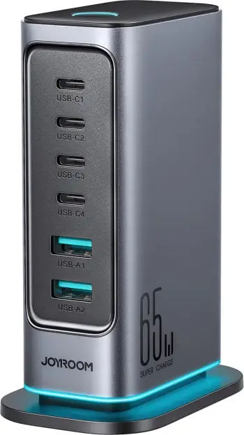 Karikues muri Joyroom JR-TCM02, GaN 65W, 4x USB-C 2x USB-A, gri e errët