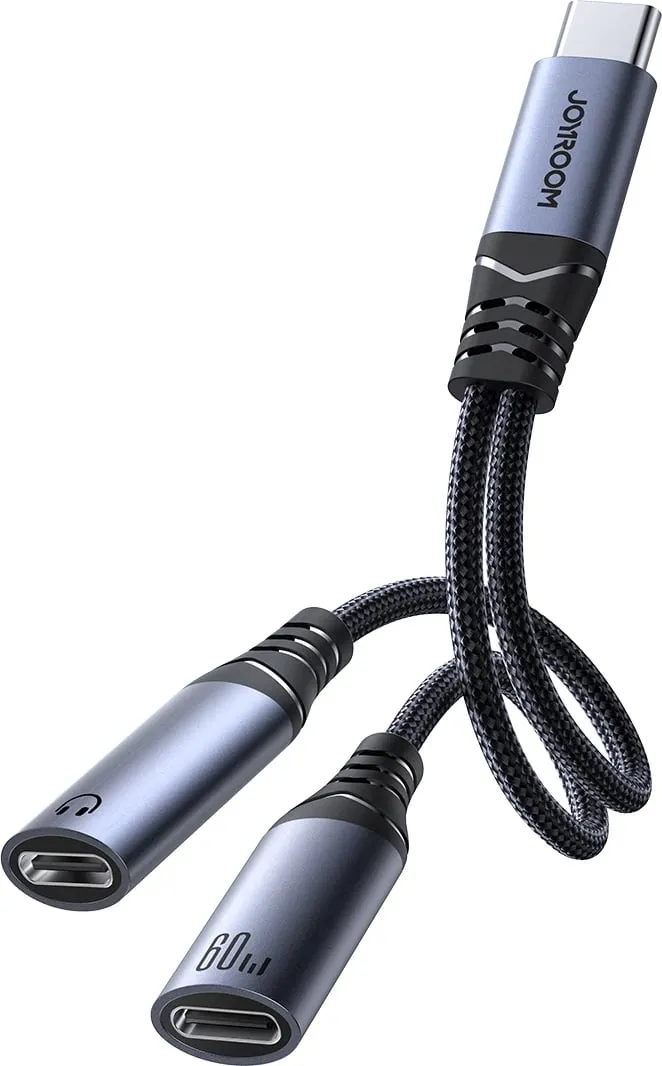 Adapter USB-C në 2x USB-C Joyroom SY-C03, DAC, 60W, i zi - 1