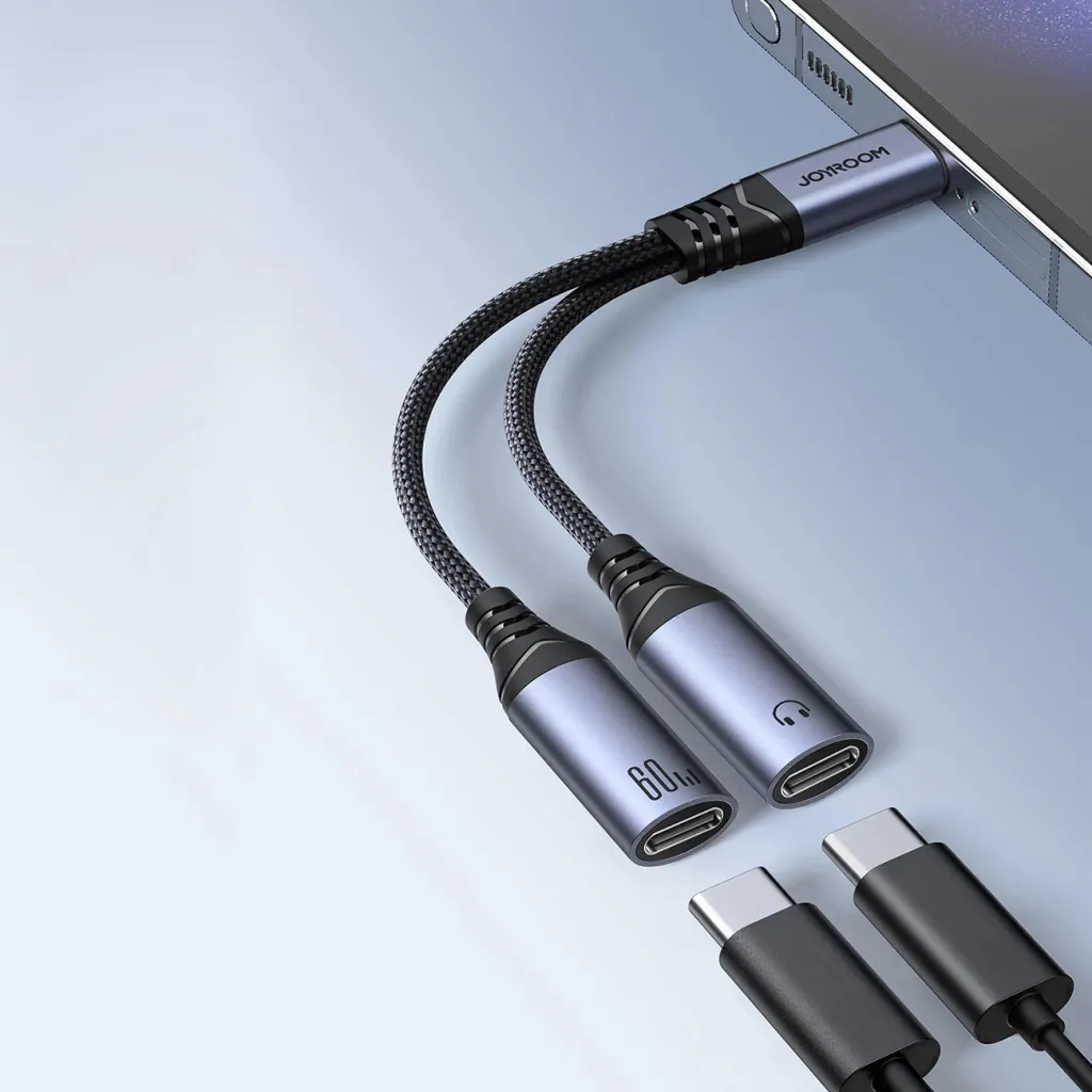 Adapter USB-C në 2x USB-C Joyroom SY-C03, DAC, 60W, i zi - 2