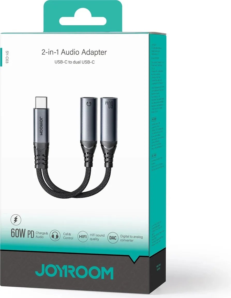 Adapter USB-C në 2x USB-C Joyroom SY-C03, DAC, 60W, i zi - 5