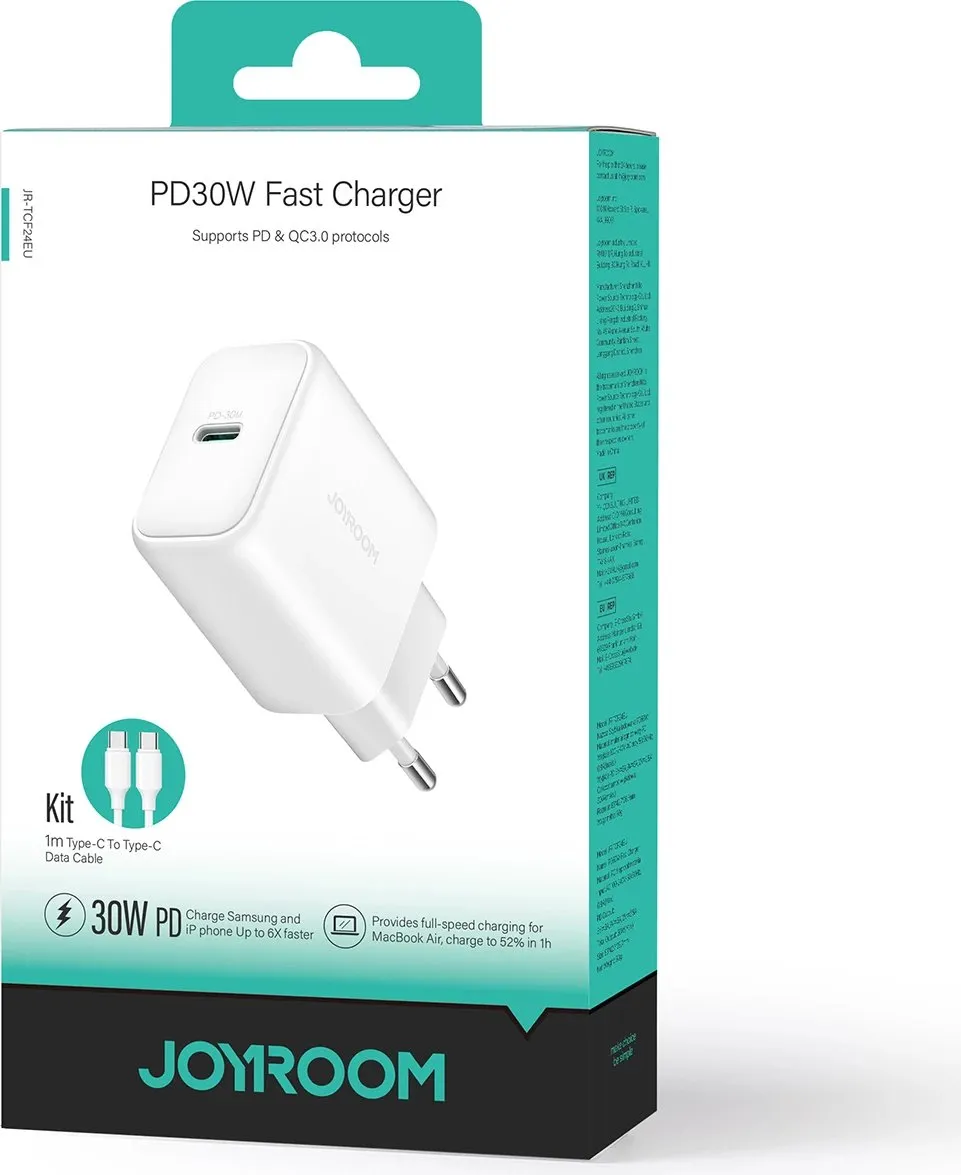 Karikues rrjeti USB-C PD 30W QC SFC, Joyroom JR-TCF24, 1 port, PPS, prizë EU, kabllo USB-C 1m, i bardhë, set - 8