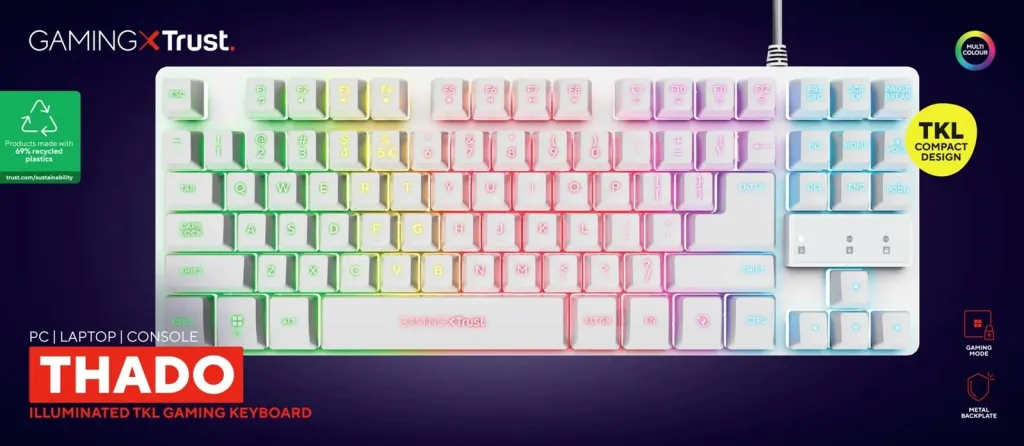 Tastierë gaming Trust GXT 833W Thado, USB, QWERTY, Anglisht, e bardhë - 1