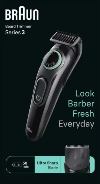 Makinë rroje Braun BT3421 trimmer mjekre me rrotë rregullimi, tehe çeliku, pa kabllo, e zezë