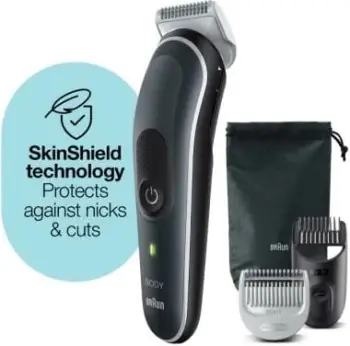 Makinë rroje trupit, Braun BG5350 BodyGroomer Series 5, SkinShield, me 2 krehra + qese mbajtëse, argjendtë/zezë/kafe