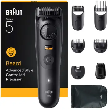 Trimmer mjekre dhe flokësh Braun BT5560, i rikarikueshëm, i papërshkueshëm nga uji, gri
