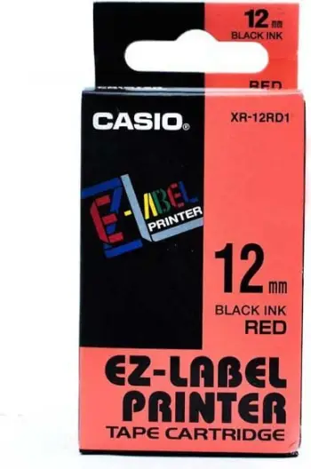 Shirit etiketa Casio XR-12RD1, 12mm, 8m, print i zi sfond i kuq