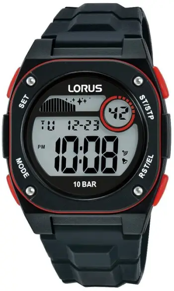 Ora digjitale Lorus Youth Sports R2327QX-9, 38mm, rezistente ndaj ujit 100m, e zezë
