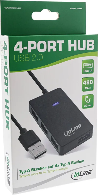 Hub USB InLine 2.0, 4 porta, 30cm, i zi - 5