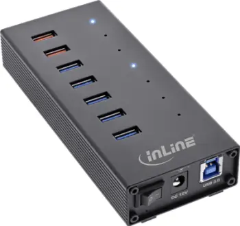 HUB USB InLine, 7 porta, USB 3.2 Gen 1, kutizë alumini, me furnizim 2.5A, i zi