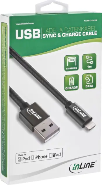 Kabllo USB InLine USB A në Lightning, 2 m, gri