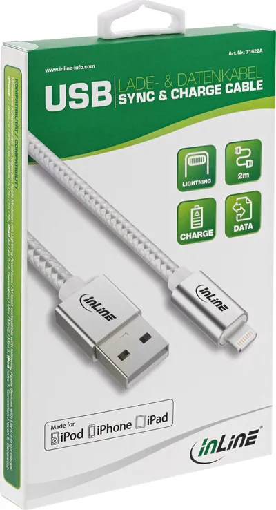 Kabllo USB InLine 31411A, USB A në Lightning, 1 m, e bardhë - 1