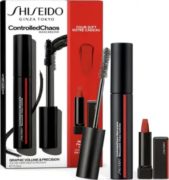 Set grimi Shiseido MascaraInk dhe Mini Modern Matte Lipstick, volumizues, mat, e zezë