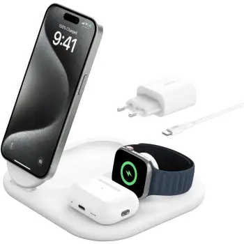 Karikues wireless Belkin BoostCharge WIZ029VFWH, për celular, kufje, smartwatch, 15W, i bardhë