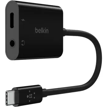 Adapter Belkin RockStar 3.5mm Klinke Audio dhe USB-C për Ngarkim, ngjyrë e zezë.