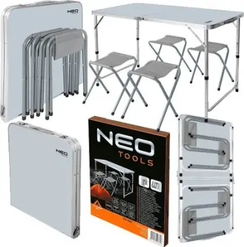 Set kampingu Neo 63-159, tavolinë palosëse me 4 karrige, alumini MDF, ngjyrë gri