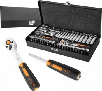 Set veglash Neo 10-008, 63 copë, çelik krom vanadium, kuti metalike