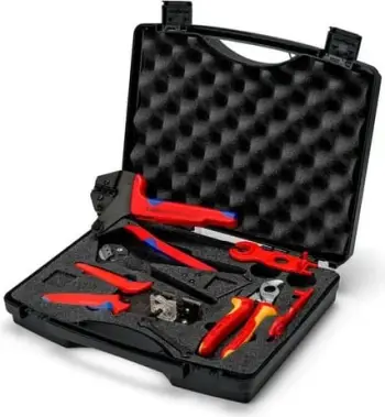 Set veglash Knipex 97 91 04 V02, për fotovoltaikë MC4, me presa krimpimi dhe prerëse kabllosh