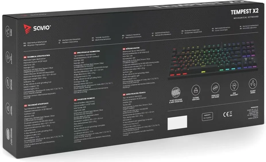 Tastierë lojërash Savio Tempest X2, Outemu Blue, e zezë - 17